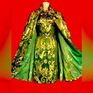 60s Vintage 2 Piece Party Dress & Swing Coat Gold Brocade Medium Med 8 Vtg